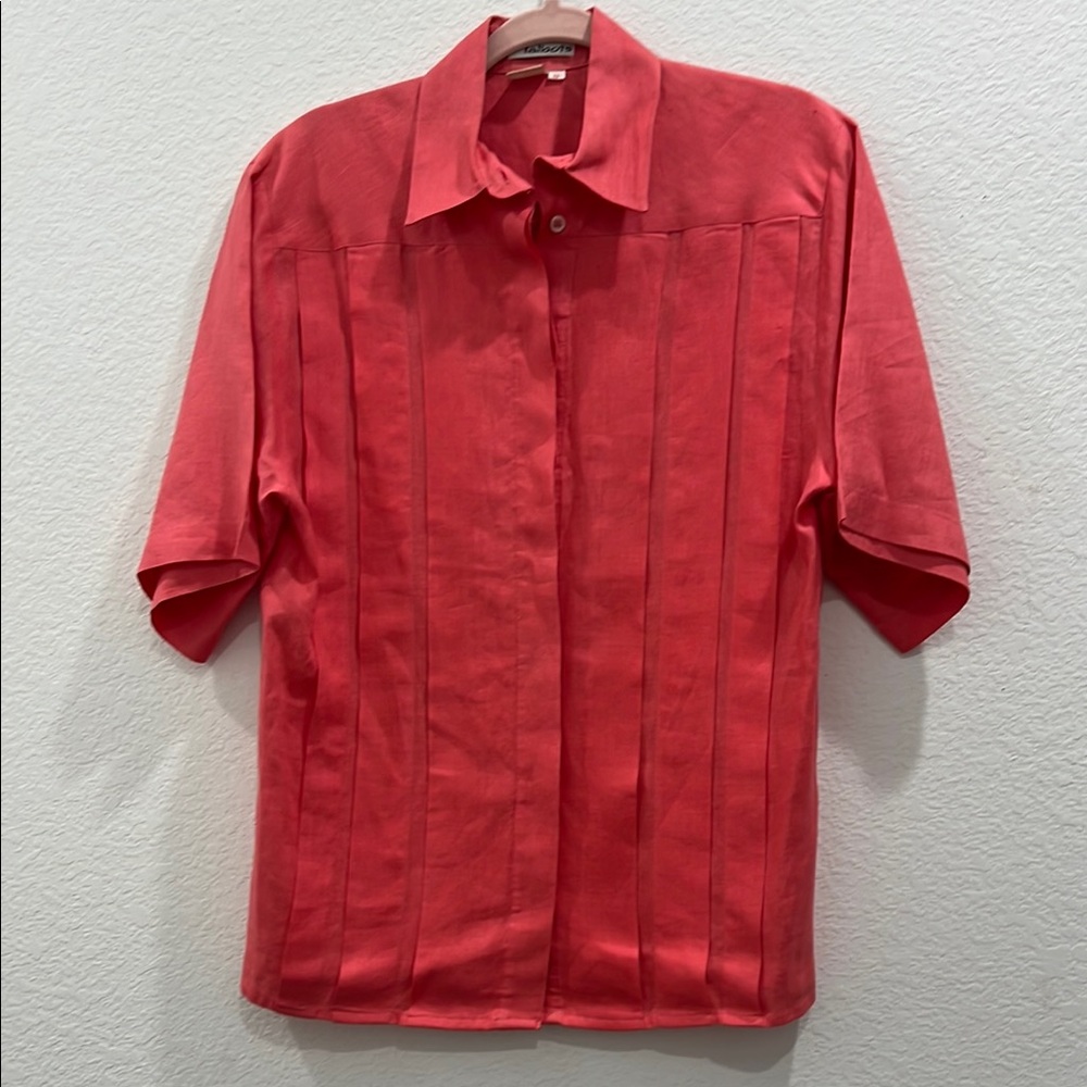TALBOTS 100% Linen Salmon Colored Women’s Hidden Button Front Pleated Blouse 12‎